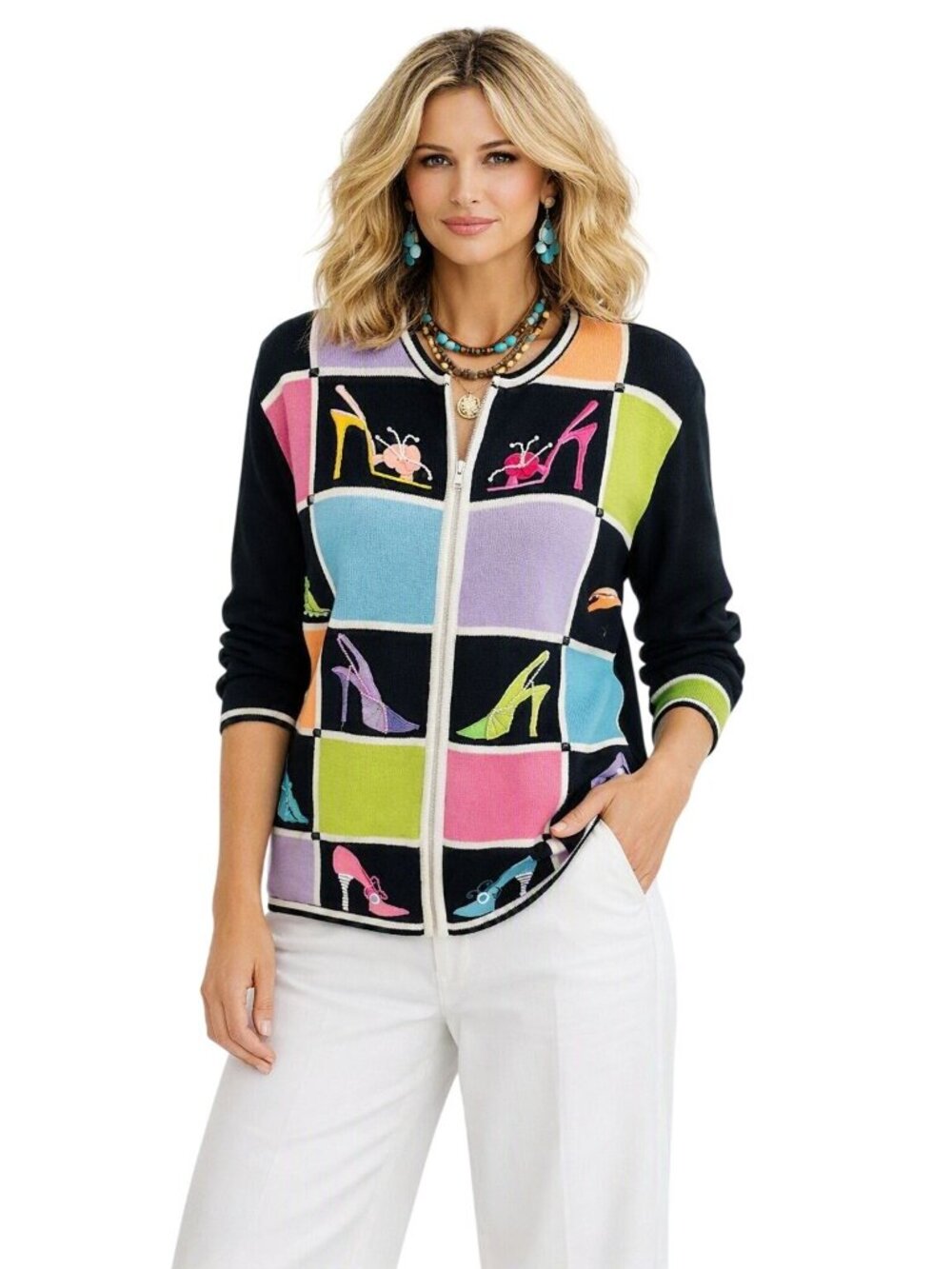 Berek Black Pink Knit Cardigan Multicolor High Heel Shoe Novelty Artsy Sweater